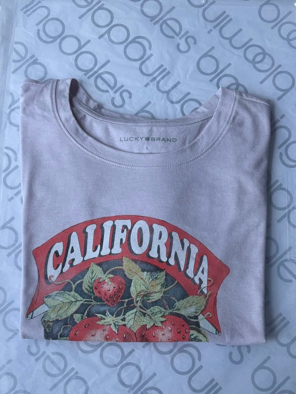 Lucky Brand Pink Tee with Red California Banner & Strawberry Graphic